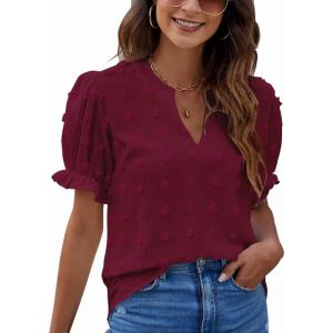 imageBlooming Jelly Womens Puff Sleeve Summer Tops Chiffon Short Sleeve Blouses White V Neck Pom Pom ShirtsWine Red