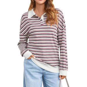 imageBlooming Jelly Womens Striped Sweatshirt Collared Cute Long Sleeve Tops Fall Fashion 2024 Trendy Ladies Casual Winter ShirtBeige Cherry