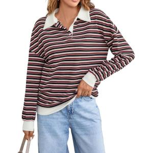 imageBlooming Jelly Womens Striped Sweatshirt Collared Cute Long Sleeve Tops Fall Fashion 2024 Trendy Ladies Casual Winter ShirtBlack Nautical