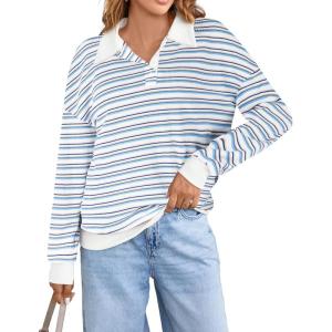 imageBlooming Jelly Womens Striped Sweatshirt Collared Cute Long Sleeve Tops Fall Fashion 2024 Trendy Ladies Casual Winter ShirtLight Blue Cobalt