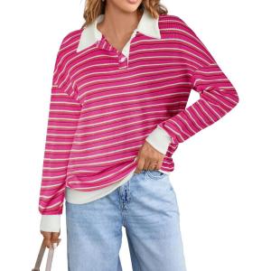imageBlooming Jelly Womens Striped Sweatshirt Collared Cute Long Sleeve Tops Fall Fashion 2024 Trendy Ladies Casual Winter ShirtPink Raspberry