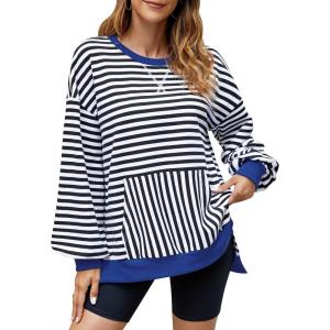 imageBlooming Jelly Women Oversized Sweatshirt Fall Top Crewneck Long Sleeve Shirt Casual Outfits Striped Y2K PulloverStriped Black