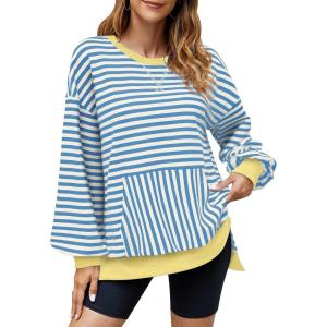 imageBlooming Jelly Women Oversized Sweatshirt Fall Top Crewneck Long Sleeve Shirt Casual Outfits Striped Y2K PulloverStriped Blue