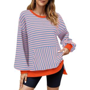 imageBlooming Jelly Women Oversized Sweatshirt Fall Top Crewneck Long Sleeve Shirt Casual Outfits Striped Y2K PulloverStriped Orange
