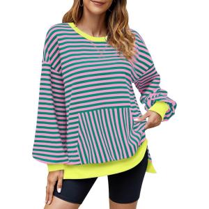 imageBlooming Jelly Women Oversized Sweatshirt Fall Top Crewneck Long Sleeve Shirt Casual Outfits Striped Y2K PulloverStriped Pink