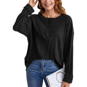 imageBlooming Jelly Womens Casual Fall Tops Long Sleeve Button Henley Lightweight Tunic Tops Black