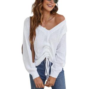 imageBlooming Jelly Womens Off Shoulder Sweaters Oversized V Neck Shirts Long Sleeve Ruched Knit Pullover TopsWhite