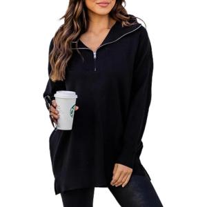 imageBlooming Jelly Womens Sweater Long Sleeve Quarter Zip Pullover Casual Loose Fit Cable Knit TopsBlack02