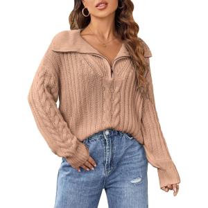 imageBlooming Jelly Womens Sweater Long Sleeve Quarter Zip Pullover Casual Loose Fit Cable Knit TopsBrown