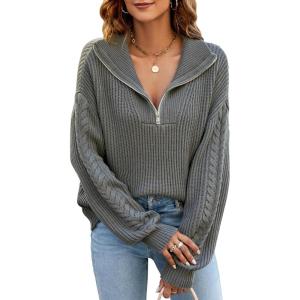 imageBlooming Jelly Womens Sweater Long Sleeve Quarter Zip Pullover Casual Loose Fit Cable Knit TopsGrey01