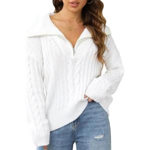 imageBlooming Jelly Womens Sweater Long Sleeve Quarter Zip Pullover Casual Loose Fit Cable Knit TopsWhite