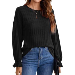 imageBlooming Jelly Women Long Sleeve Sweaters Lightweight Blouse Crew Neck Pullover Shirt Fall Knit Tops Clothes 2023Black