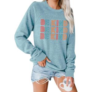 imageBlooming Jelly Womens Be Kind Sweatshirt Crewneck Loose Fit Cute Long Sleeve Tops Ladies Fall Clothes Winter Teacher OutfitsBean Green