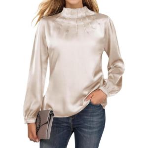 imageBlooming Jelly Womens Business Casual Tops Long Sleeve Work Shirts Mock Neck Dressy Tops Satin Silk Fall Outfits 2024Apricot