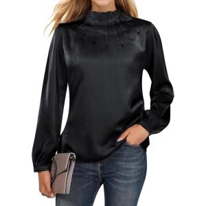 imageBlooming Jelly Womens Business Casual Tops Long Sleeve Work Shirts Mock Neck Dressy Tops Satin Silk Fall Outfits 2024Black