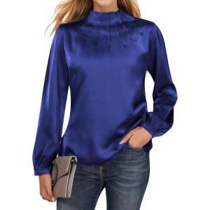 imageBlooming Jelly Womens Business Casual Tops Long Sleeve Work Shirts Mock Neck Dressy Tops Satin Silk Fall Outfits 2024Deep Blue