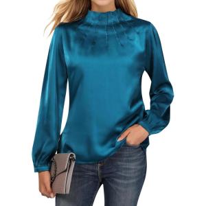 imageBlooming Jelly Womens Business Casual Tops Long Sleeve Work Shirts Mock Neck Dressy Tops Satin Silk Fall Outfits 2024Turquoise