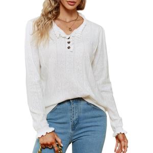 imageBlooming Jelly Womens Casual Cute Sweaters Ruffle Button Down Long Sleeve Eyelet Fall Pullover TopsWhite