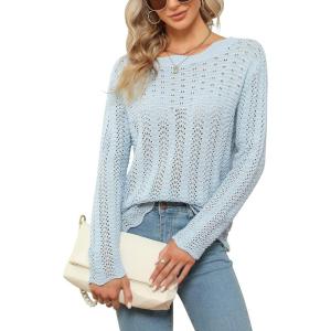 imageBlooming Jelly Womens Casual Fall Sweaters Dressy Knitted Pullover Crew Neck Long Sleeve Hollow Out TopsBlue