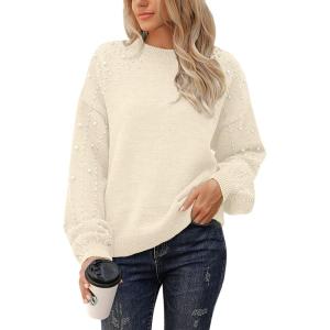 imageBlooming Jelly Womens Chunky Sweater Crewneck Sweatshirt Knit Lantern Sleeve Oversized Pullover Sweater with PearlsBeige