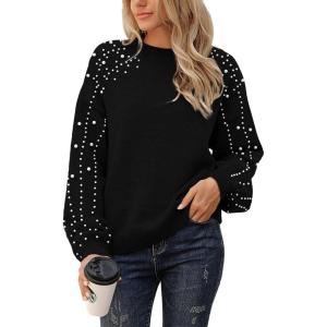 imageBlooming Jelly Womens Chunky Sweater Crewneck Sweatshirt Knit Lantern Sleeve Oversized Pullover Sweater with PearlsBlack