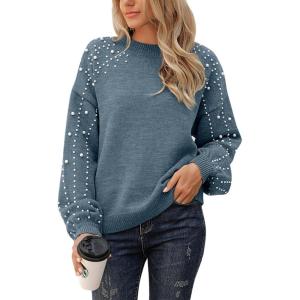 imageBlooming Jelly Womens Chunky Sweater Crewneck Sweatshirt Knit Lantern Sleeve Oversized Pullover Sweater with PearlsBlue