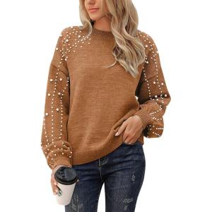 imageBlooming Jelly Womens Chunky Sweater Crewneck Sweatshirt Knit Lantern Sleeve Oversized Pullover Sweater with PearlsBrown