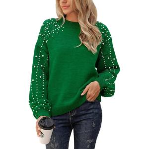imageBlooming Jelly Womens Chunky Sweater Crewneck Sweatshirt Knit Lantern Sleeve Oversized Pullover Sweater with PearlsGreen