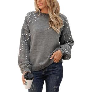 imageBlooming Jelly Womens Chunky Sweater Crewneck Sweatshirt Knit Lantern Sleeve Oversized Pullover Sweater with PearlsGrey