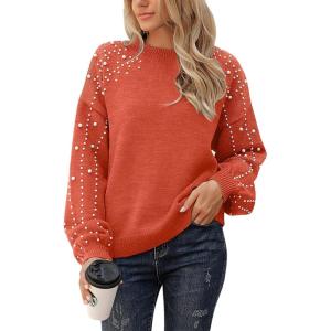 imageBlooming Jelly Womens Chunky Sweater Crewneck Sweatshirt Knit Lantern Sleeve Oversized Pullover Sweater with PearlsOrange