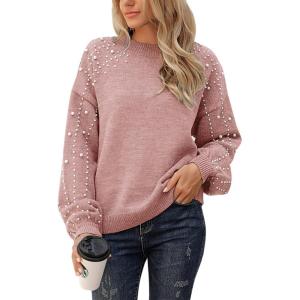 imageBlooming Jelly Womens Chunky Sweater Crewneck Sweatshirt Knit Lantern Sleeve Oversized Pullover Sweater with PearlsPink