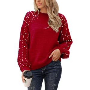 imageBlooming Jelly Womens Chunky Sweater Crewneck Sweatshirt Knit Lantern Sleeve Oversized Pullover Sweater with PearlsRed