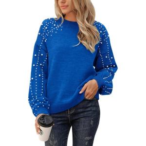 imageBlooming Jelly Womens Chunky Sweater Crewneck Sweatshirt Knit Lantern Sleeve Oversized Pullover Sweater with PearlsRoyal Blue