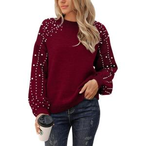 imageBlooming Jelly Womens Chunky Sweater Crewneck Sweatshirt Knit Lantern Sleeve Oversized Pullover Sweater with PearlsRust Red