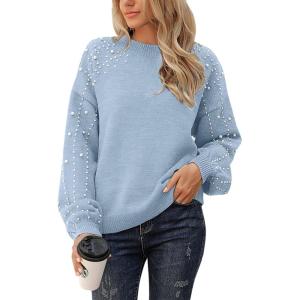 imageBlooming Jelly Womens Chunky Sweater Crewneck Sweatshirt Knit Lantern Sleeve Oversized Pullover Sweater with PearlsSky Blue