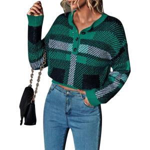 imageBlooming Jelly Womens Cropped Sweater Color Block Pullover Sweaters Vintage Crewneck Long Sleeve Fall TopsGreen