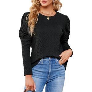 imageBlooming Jelly Womens Fall Sweaters Dressy Casual Pullover Tops Puff Long Sleeve Cable Knit Business Jumper Shirt BlouseBlack