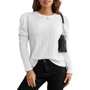 imageBlooming Jelly Womens Fall Sweaters Dressy Casual Pullover Tops Puff Long Sleeve Cable Knit Business Jumper Shirt BlouseWhite