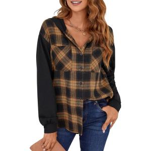 imageBlooming Jelly Womens Plaid hooded Flannel Shirts Long Sleeve Hoodies Shacket Button Down Oversized Color Block Fall TopsBlack and Yellow