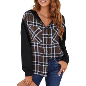 imageBlooming Jelly Womens Plaid hooded Flannel Shirts Long Sleeve Hoodies Shacket Button Down Oversized Color Block Fall TopsBrown 3