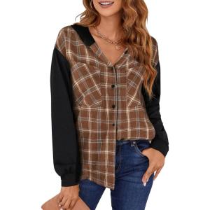 imageBlooming Jelly Womens Plaid hooded Flannel Shirts Long Sleeve Hoodies Shacket Button Down Oversized Color Block Fall TopsBrown 6