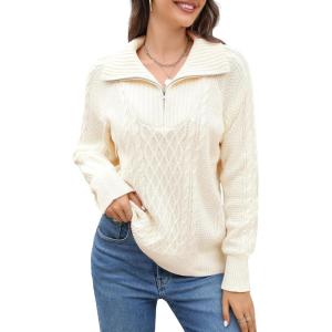 imageBlooming Jelly Womens Quarter Zip Pullover Sweaters Trendy Cable Knit Chunky Collared Fall Sweater 2023 Ladies Winter TopsBeige