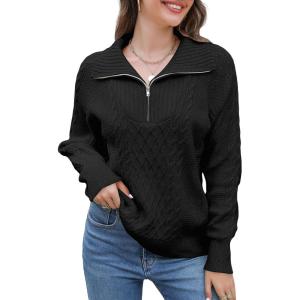 imageBlooming Jelly Womens Quarter Zip Pullover Sweaters Trendy Cable Knit Chunky Collared Fall Sweater 2023 Ladies Winter TopsBlack