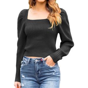 imageBlooming Jelly Womens Square Neck Knit Cute Sweaters Long Sleeve Dressy Casual Pullover Cozy Tie Back TopsBlack New