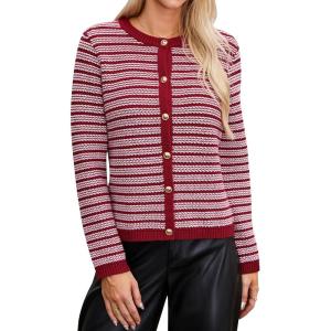 imageBlooming Jelly Womens Striped Cardigan Sweaters Dressy Casual Chunky Knit Coats 2024 Trendy Fall Outfits Winter Jackets RedMedium