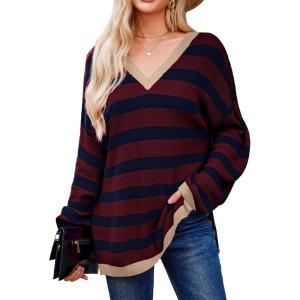 imageBlooming Jelly Womens Striped Sweater Oversized V Neck Side Slit Cute Long Sleeve Tops Pullover Fall 2024 Trendy Casual TunicCrimson  Navy