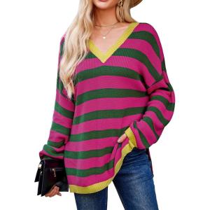 imageBlooming Jelly Womens Striped Sweater Oversized V Neck Side Slit Cute Long Sleeve Tops Pullover Fall 2024 Trendy Casual TunicPink  Green