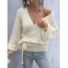 imageBlooming Jelly Womens Sexy VNeck Knitted Sweaters Wrap Lantern Sleeve Chunky Fall Winter Pullover Tops with PearlsApricot