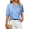 imageBlooming Jelly Womens Dressy Business Casual Blouses Silk Puff Sleeve Tops Summer Outfits V Neck Pleated Work Shirts 2025Blue