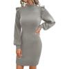 imageBlooming Jelly Womens Mini Sweater Dress Mock Neck Ruffle Long Puff Sleeve Ribbed Casual Bodycon Fall Dresses Winter ClothesSand Grey
